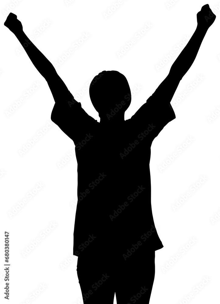 Digital png illustration of silhouette of sportswoman with hands up on transparent background