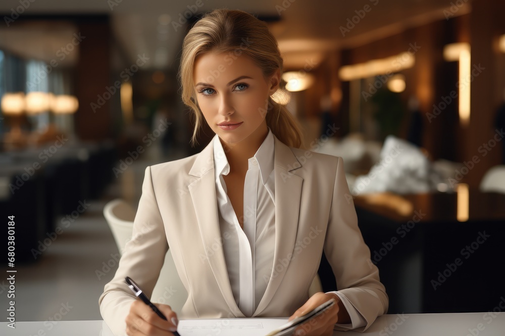 A woman dressed in a professional suit is working at a white table in the hotel.