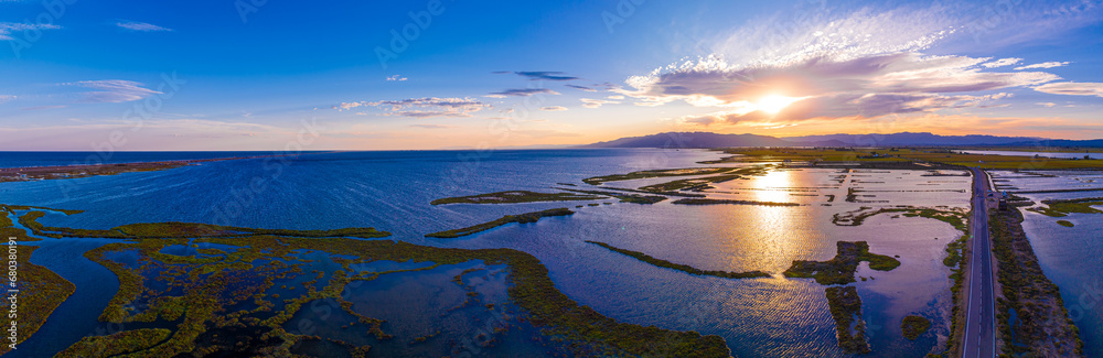 View of delta Ebro, the delta region of the Ebro River in the southwest of the Province of Tarragona in the region of Catalonia in Spain