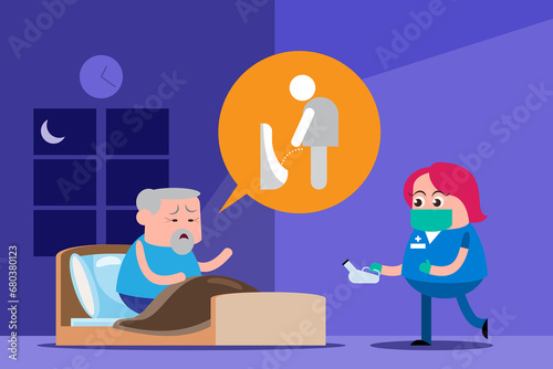 Obraz na płótnie emotion cute vector, illustration flat cartoon character lifestyle senior man on bed at home, relax, sleep, sick and use staff standing. w salonie