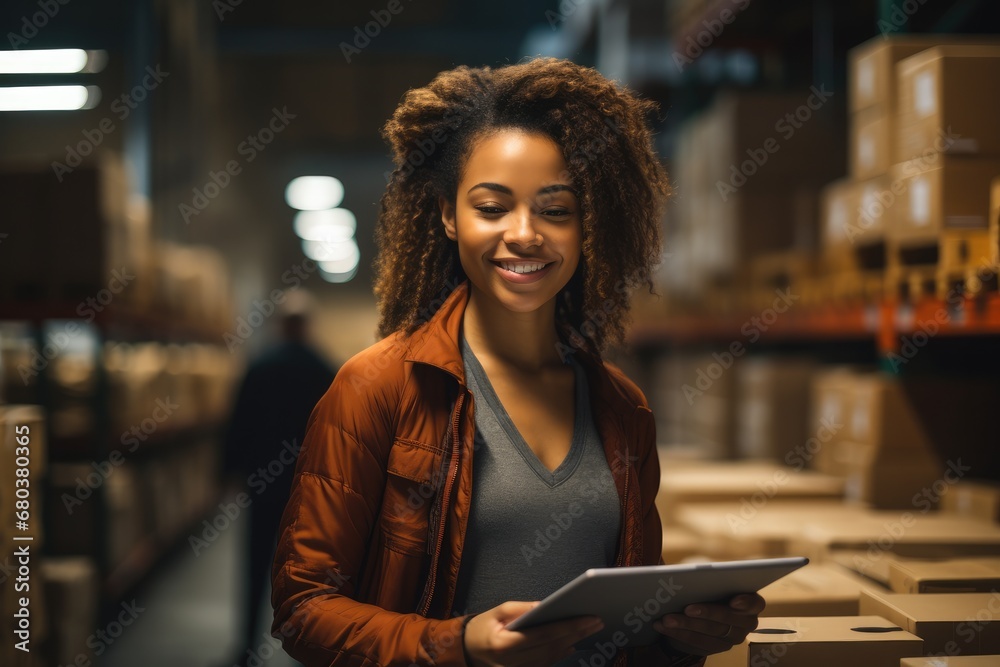 Female African American logistics coordinator in warehouse, Using laptop to manage inventory, Track shipments. - obrazy, fototapety, plakaty 