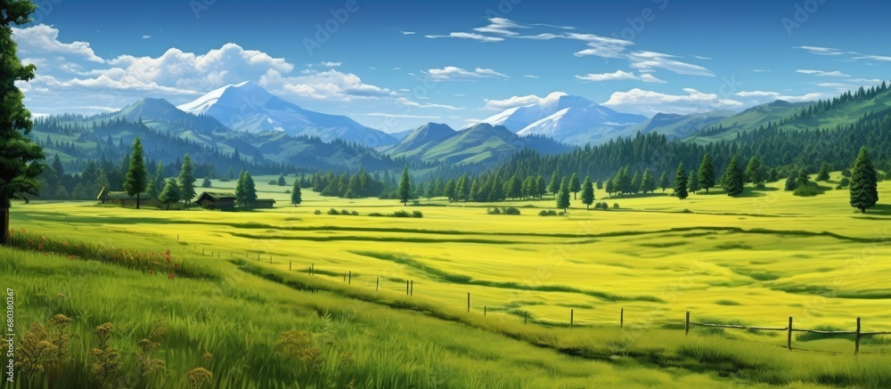 abstract landscape, the vibrant green grass blends seamlessly with the towering trees of the forest, creating a stunning backdrop against the backdrop of a majestic mountain range and a crystal clear