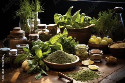 The herbs on the table in the kitchen.