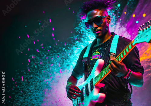 man playing electric guitar with colorful light burst background