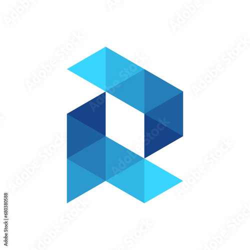 "R blue and white logo with a blue triangle" is a close-up image of a logo that features a vibrant blue triangle against a white background. This asset is suitable for businesses or organizations look