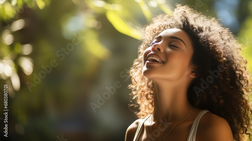 Beautiful American African woman taking a deep breath in blurred garden background with sunlight.