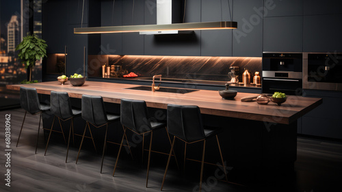 A modern black kitchen with an island and counter stools.
