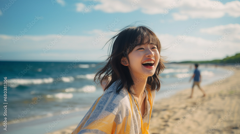 浜辺で笑って遊んでいる女の子 浜辺で笑って遊んでいる女の子