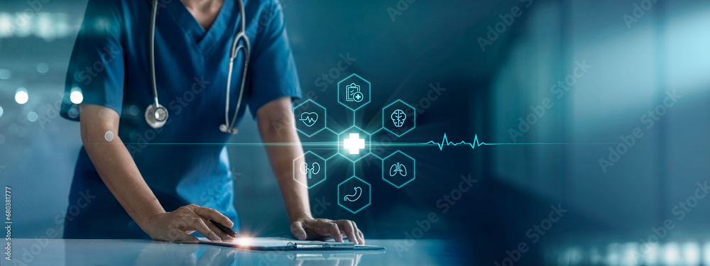 Health care and medicine, Medical analysis, Doctor writes information on clipboard for recording Diagnosis and medical research of various diseases for patients connected to big data in hospital. - obrazy, fototapety, plakaty 