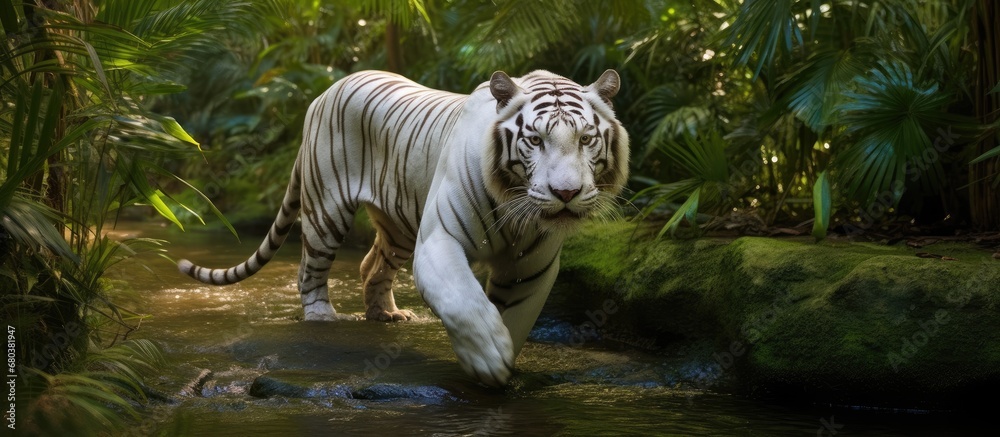 In the deep heart of the lush Asian jungle, a majestic white tiger prowls through the dense forest, its powerful presence exuding both beauty and grace. The predatory adult animal blends seamlessly