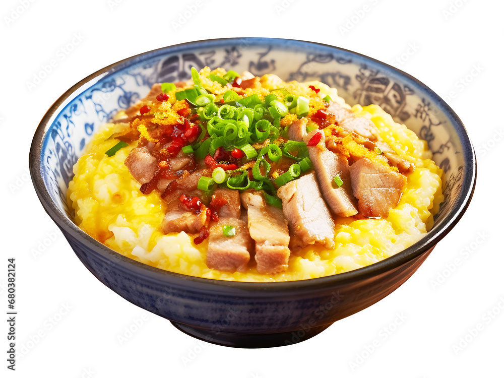 Fried pork with Condensed egg on rice, Rice topped with thick egg, in a Chinese style bowl.