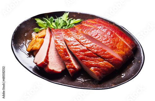 Roasted duck breast served with sauce and fresh herbs, dicut, PNG file, isolated background. photo