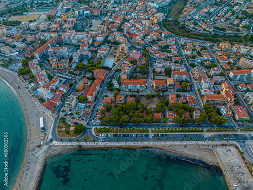 Obraz na płótnie Aerial view of L'Hospitalet de l'Infant, a coastal suburb of Tarragona, inside the municipality of Vandellòs i l'Hospitalet de l'Infant, Catalonia, Spain w salonie