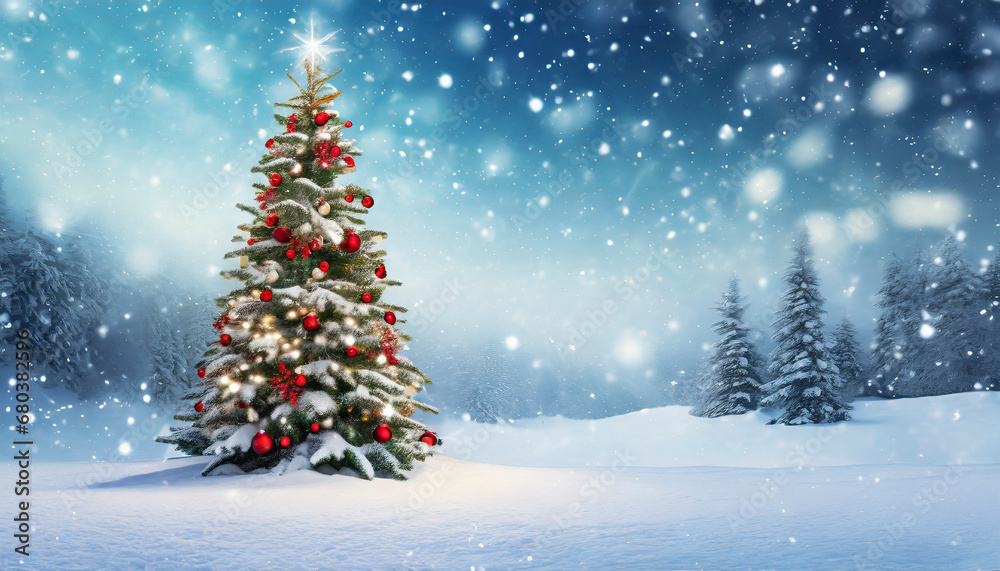 Christmas tree outside forest with falling snow, copy space, holiday background