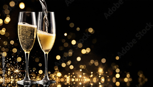 Champagne pouring into glasses against glowing dark background