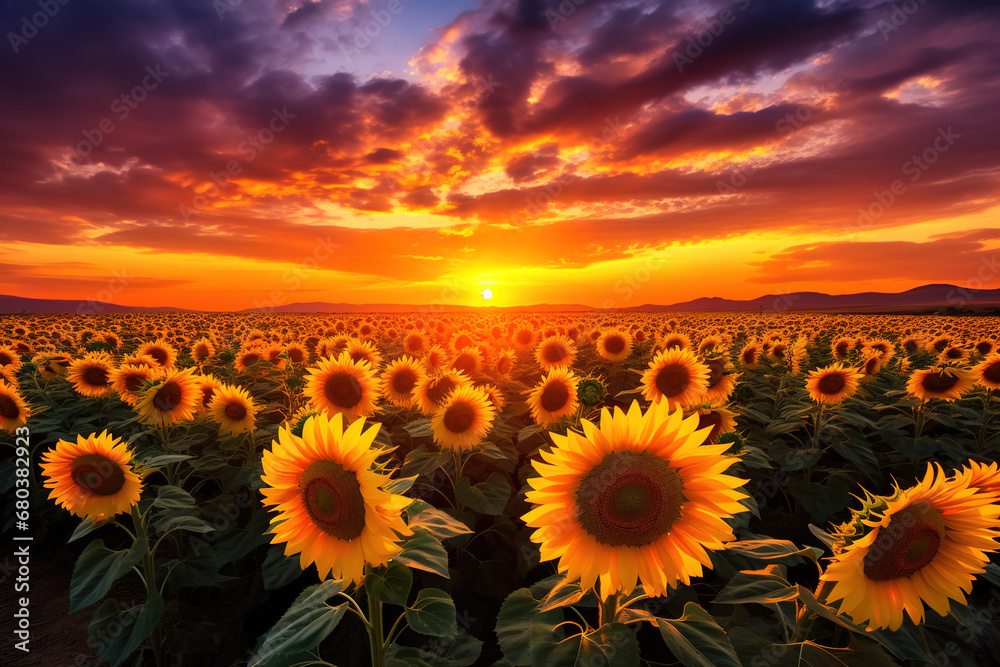 Obraz premium Golden Sunset Over Sunflower Field