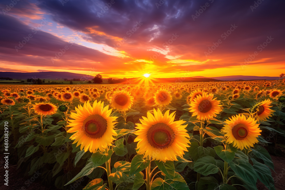 Golden Sunset Over Sunflower Field