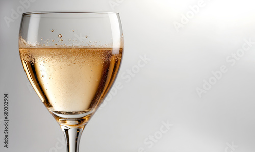 Elegant photo of glass of sparkling wine for advertising. Festive new year or anniversary celebration. Isolated on white background with large copy space for text.