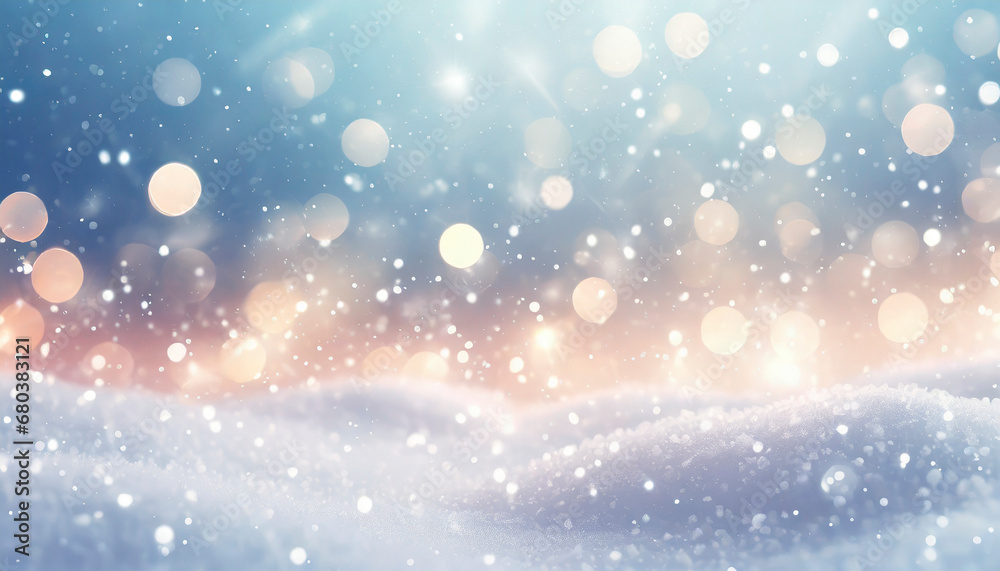 winter landscape with snow on the ground and snowflakes in the sky, holiday lights