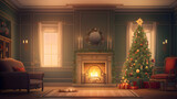 Living room home interior with decorated fireplace and christmas tree high resolution