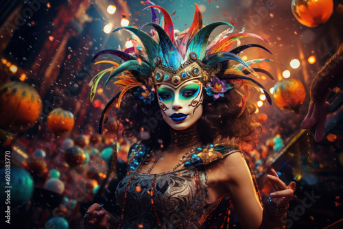 Woman in mask at the street on Mardi Gras Carnival Party © Slepitssskaya
