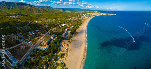 Obraz na płótnie Aerial view of L'Hospitalet de l'Infant, a coastal suburb of Tarragona, inside the municipality of Vandellòs i l'Hospitalet de l'Infant, Catalonia, Spain w salonie