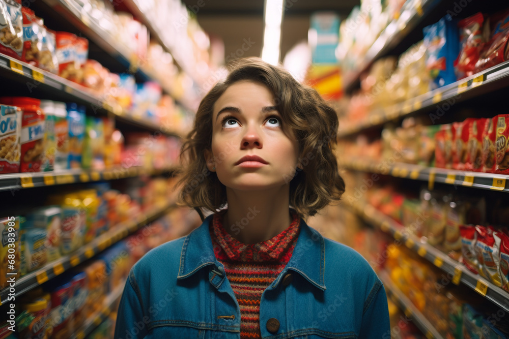A close up portrait of A thoughtful and discerning woman stands in the aisles of a well-stocked grocery store, carefully examining two different brands of cereal.