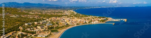 Obraz na płótnie Aerial view of L'Hospitalet de l'Infant, a coastal suburb of Tarragona, inside the municipality of Vandellòs i l'Hospitalet de l'Infant, Catalonia, Spain w salonie