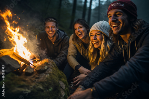 A closeup portrait of a group of jovial millennials, their faces lit by the warm glow of a crackling campfire