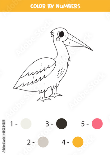Color cartoon pelican by numbers. Worksheet for kids.