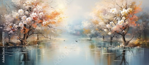 In the abstract painting, vibrant flowers bloom near the serene water's edge, beneath a golden sky, capturing the essence of nature's bounty. The towering trees of spring stand tall, reaching towards