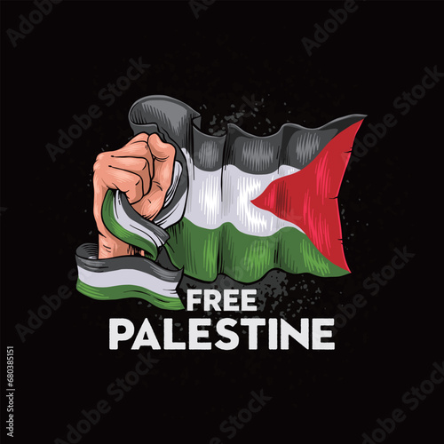 vector illustration of hand holding palestine flag, isolated on black background