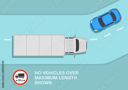 Safe driving tips and traffic regulation rules. Maximum length limit sign area. Top view of a heavy goods vehicle on road. Flat vector illustration template.