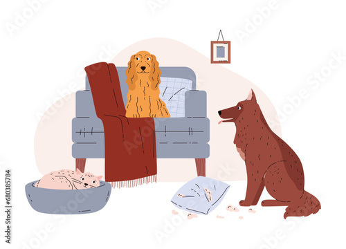 Domestic animals stay home alone and make a mess, vector illustration isolated.