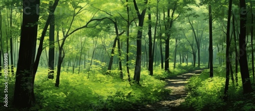 lush green forest, the foliage painted a mosaic of textures, providing a vibrant background for a summer travel adventure in natures embrace, where the gentle breeze rustled through the trees and