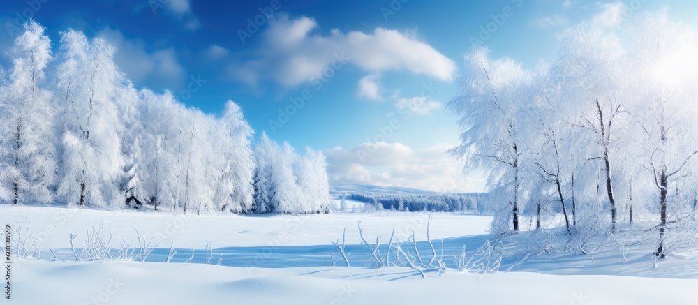 The background of the winter landscape showcased the beauty of nature, with the snow-covered trees and the white expanse blending harmoniously with the blue sky and the soft light of the sun, creating The background of the winter landscape showcased the beauty of nature, with the snow-covered trees and the white expanse blending harmoniously with the blue sky and the soft light of the sun, creating