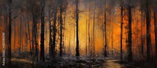 serene night of the forest, a grill crackled and spat fire, enveloped in a swirling haze of smoke, casting abstract shadows against the black backdrop. The vibrant orange and flickering light danced