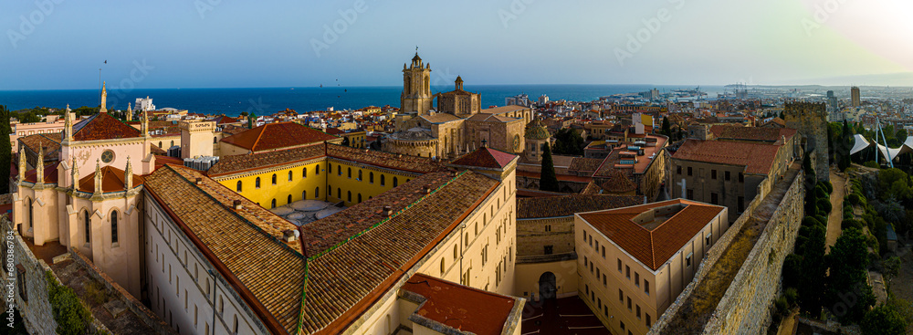 Aerial view of the Primatial Cathedral of Tarragona, a Roman Catholic church in Tarragona, Catalonia, Spain Aerial view of the Primatial Cathedral of Tarragona, a Roman Catholic church in Tarragona, Catalonia, Spain