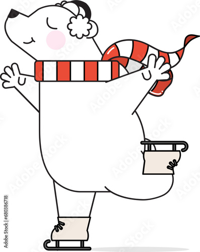 The cute cartoon bear is happily ice skating while wearing a red and white striped scarf