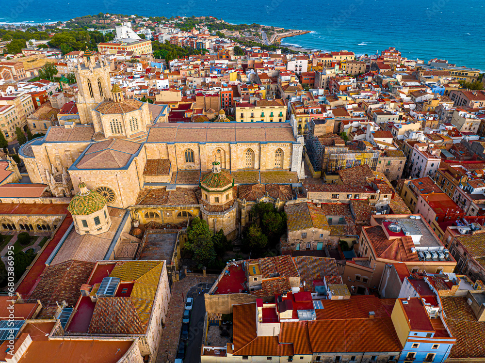 Aerial view of the Primatial Cathedral of Tarragona, a Roman Catholic church in Tarragona, Catalonia, Spain
