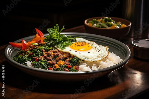 Rice with Stir-Fried Pork ,Basil Leaves & Chili and fried egg thai style