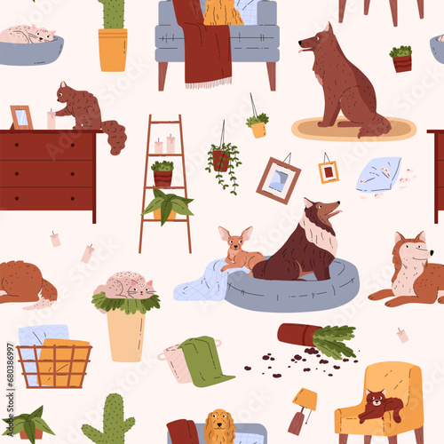 Seamless pattern with cute pets at home, cartoon style vector on white