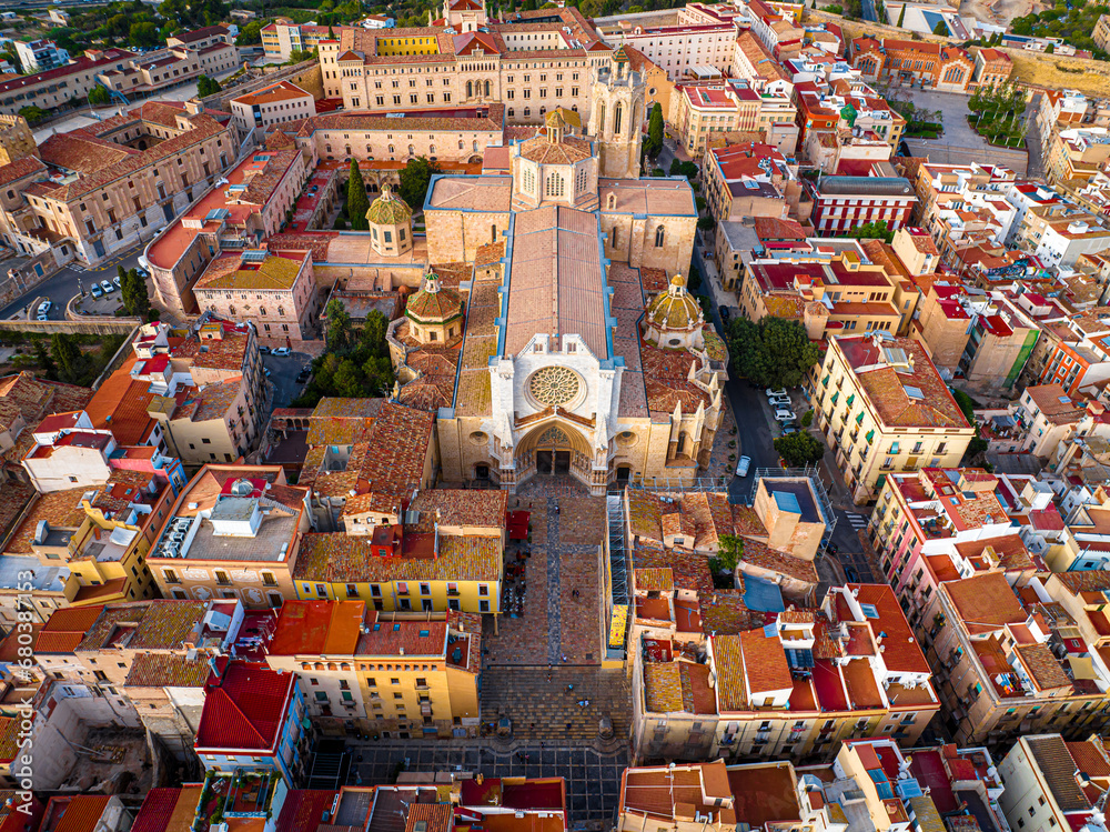 Aerial view of the Primatial Cathedral of Tarragona, a Roman Catholic church in Tarragona, Catalonia, Spain