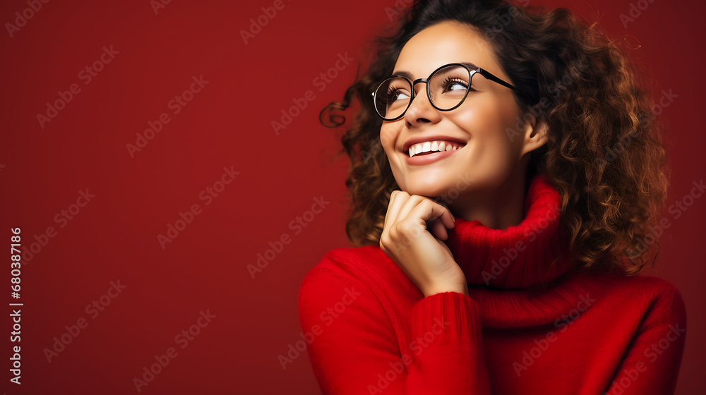 Portrait of happy smiling young woman in red sweater and eyeglasses over red background