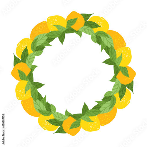 Vector contrast round frame with lemons, foliage and copy space. Hand drawn flat border with fruits and place for text.