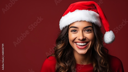 Portrait of happy young woman in santa hat on red background
