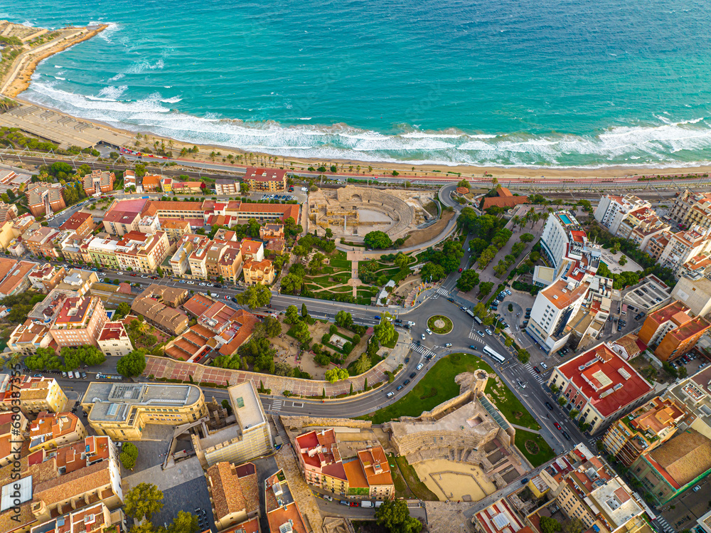 Aerial view of the Primatial Cathedral of Tarragona, a Roman Catholic church in Tarragona, Catalonia, Spain
