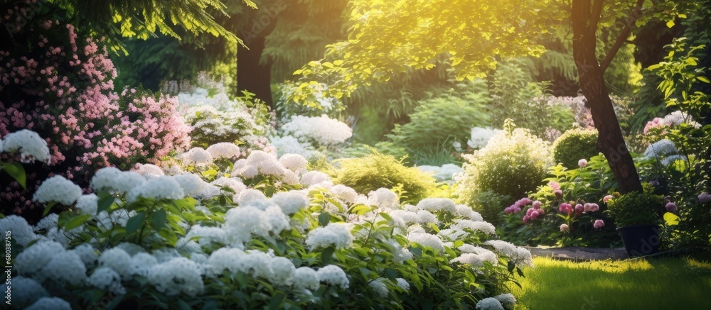 beautiful summer garden, surrounded by lush green flora, the white blossoms of various plants create a stunning background, celebrating the natural beauty of the season and the enchanting wonders of
