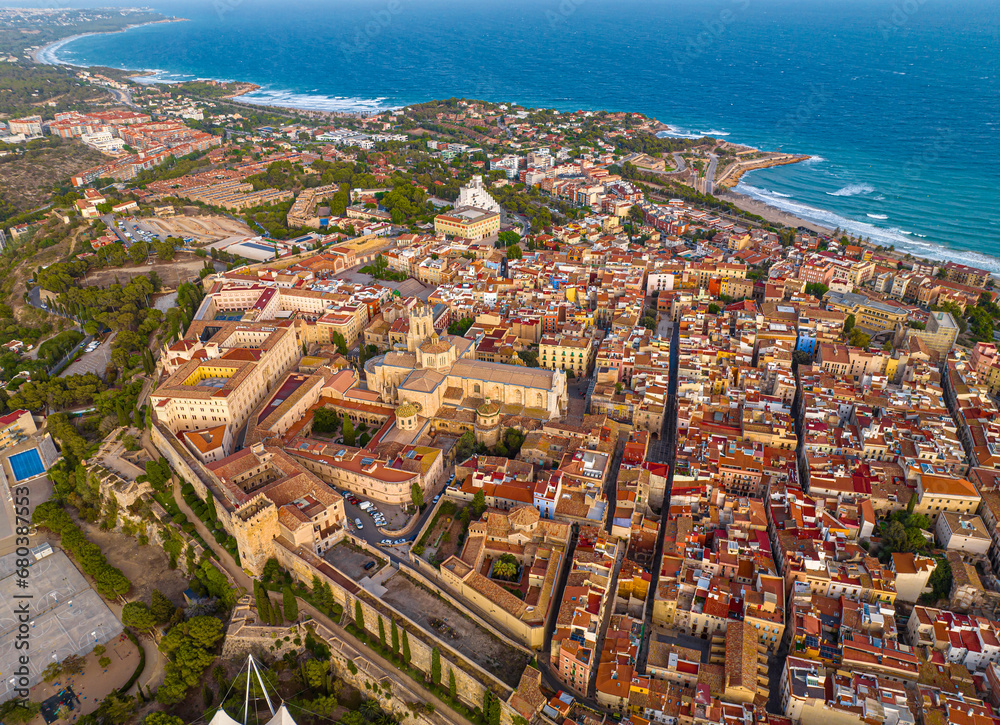 Aerial view of the Primatial Cathedral of Tarragona, a Roman Catholic church in Tarragona, Catalonia, Spain