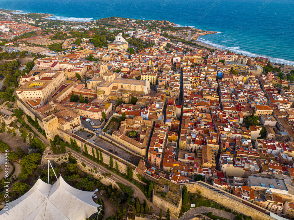 Aerial view of the Primatial Cathedral of Tarragona, a Roman Catholic church in Tarragona, Catalonia, Spain
